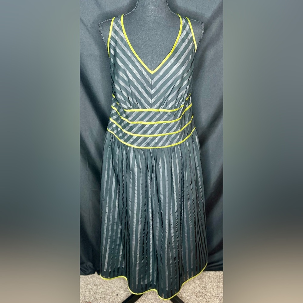 🤩 NEW ITEM! Signature By Robbie Bee Striped Fit & Flare Black Lime Green Dress